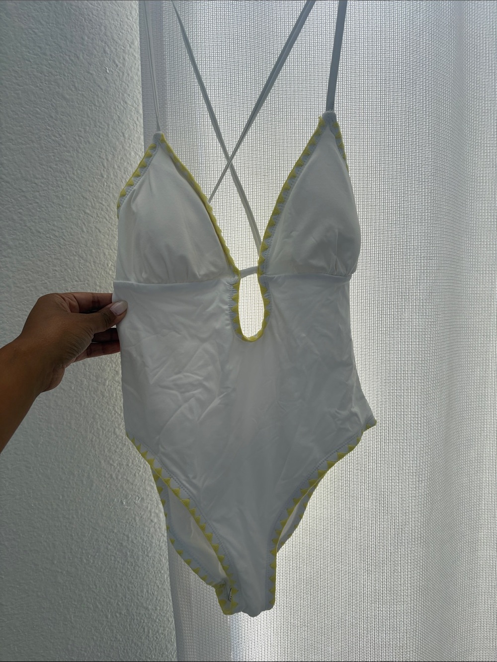 Women’s White One-Piece Swimsuit with Yellow Trim